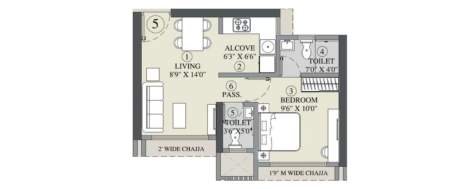 Floor plan for 1 BHK