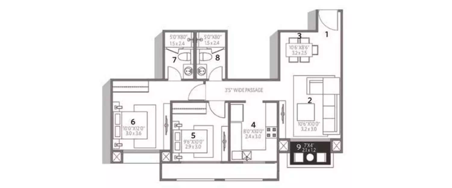 Floor plan for 2 BHK