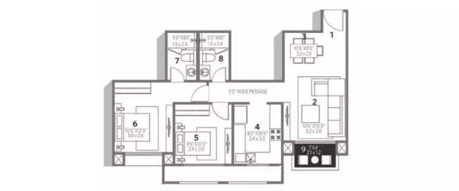 Hiranandani Tiana Egattur - Floor plan 2 BHK 683 Sq.ft