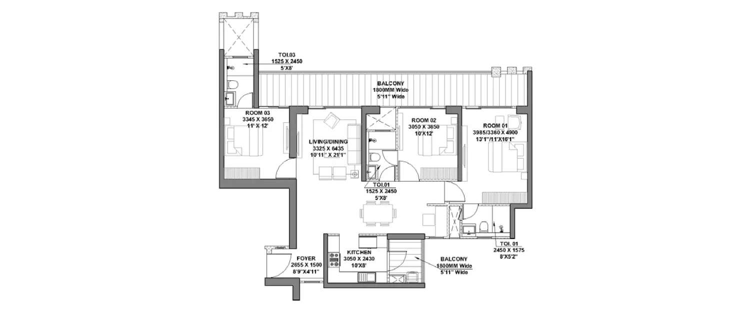 Floor plan for 3 BHK