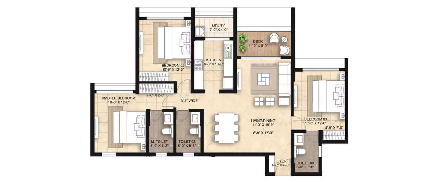 Floor plan for 3 BHK