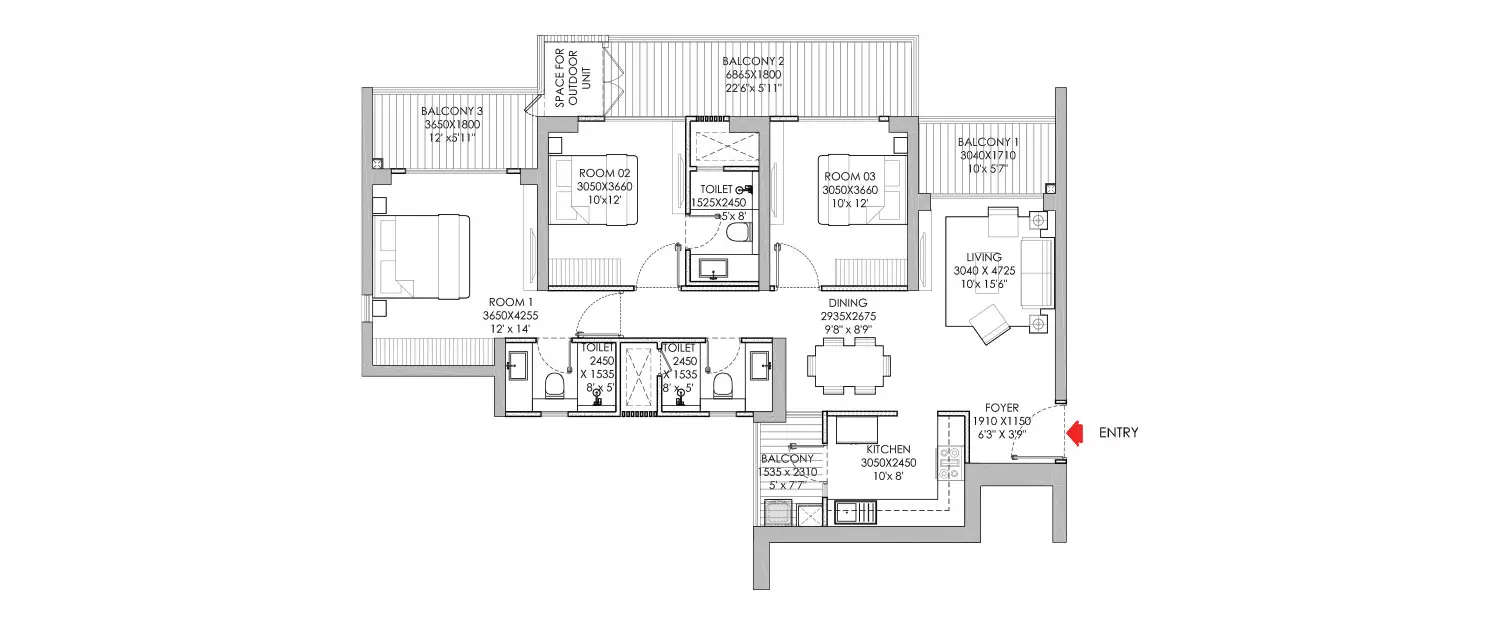 Floor plan for 3 BHK