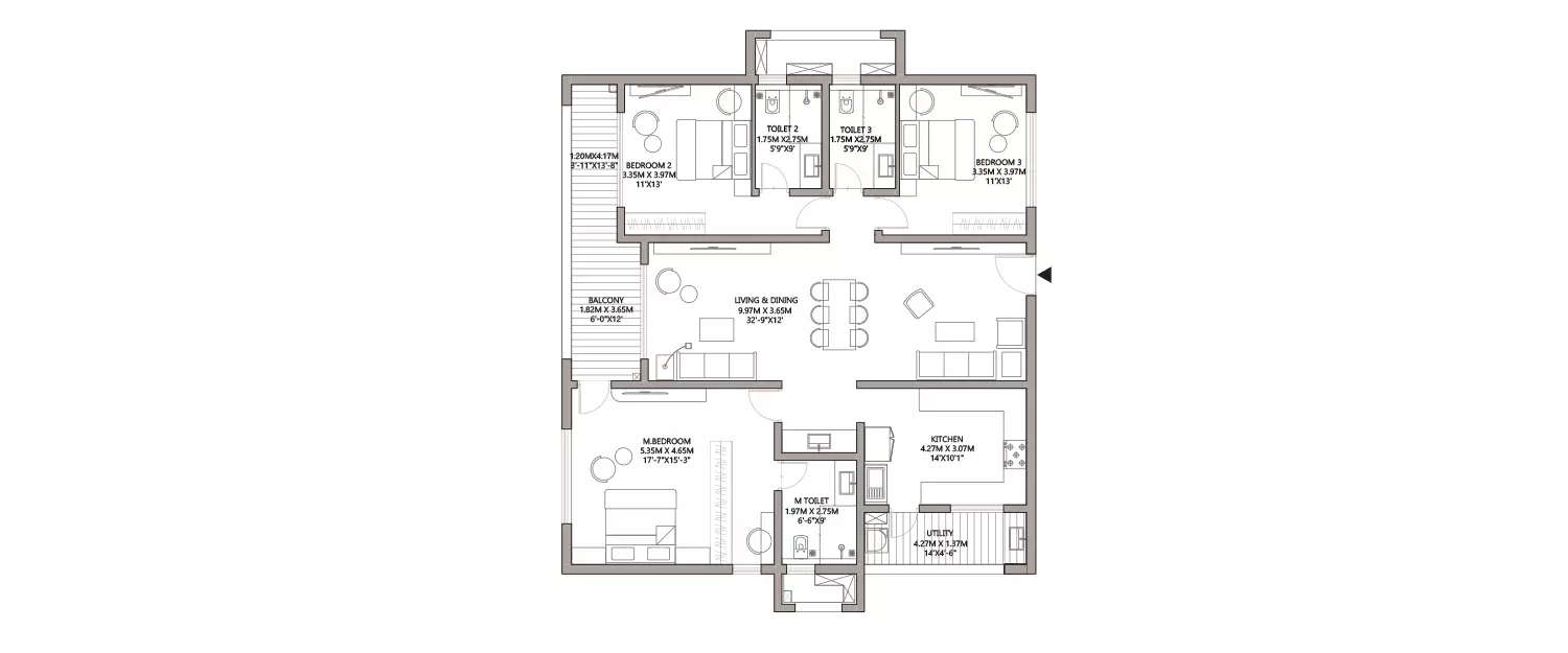 Floor plan for 3 BHK