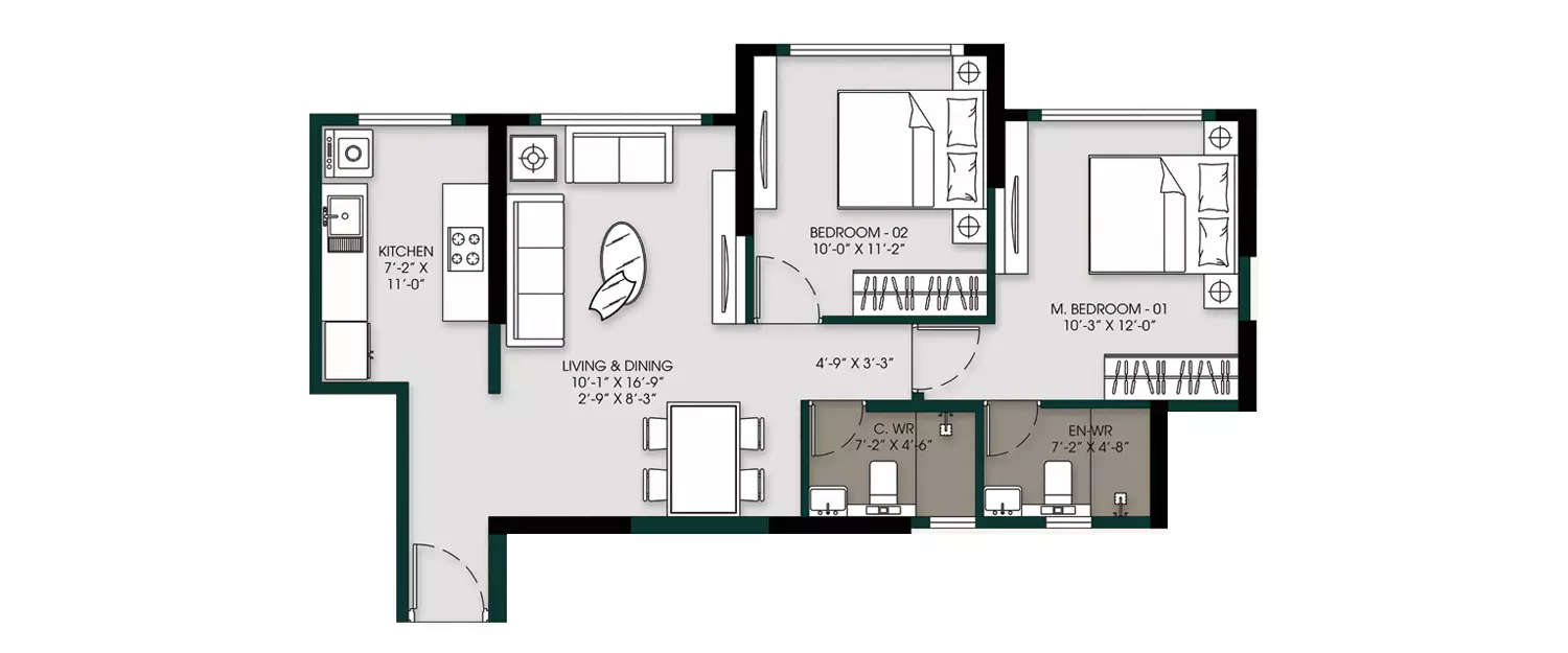 Floor plan for 2 BHK