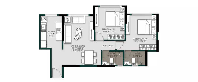 MICL Aaradhya Parkwood Mira Bhayandar - Floor plan 2 BHK 625 Sq.ft