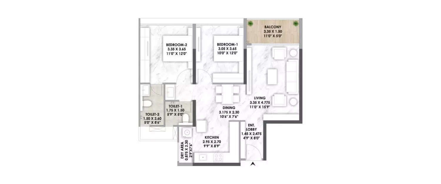 Floor plan for 2 BHK