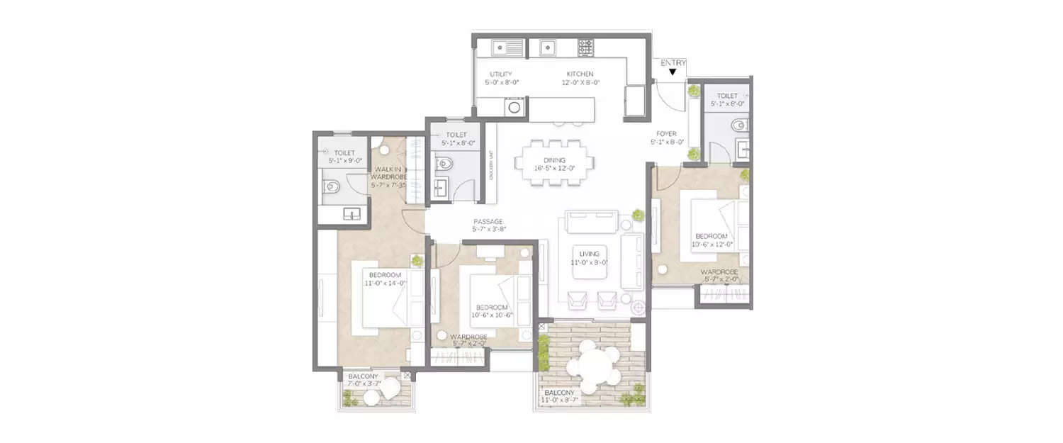 Floor plan for 3 BHK