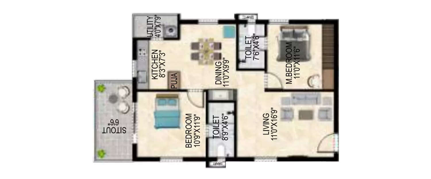 Floor plan for 2 BHK