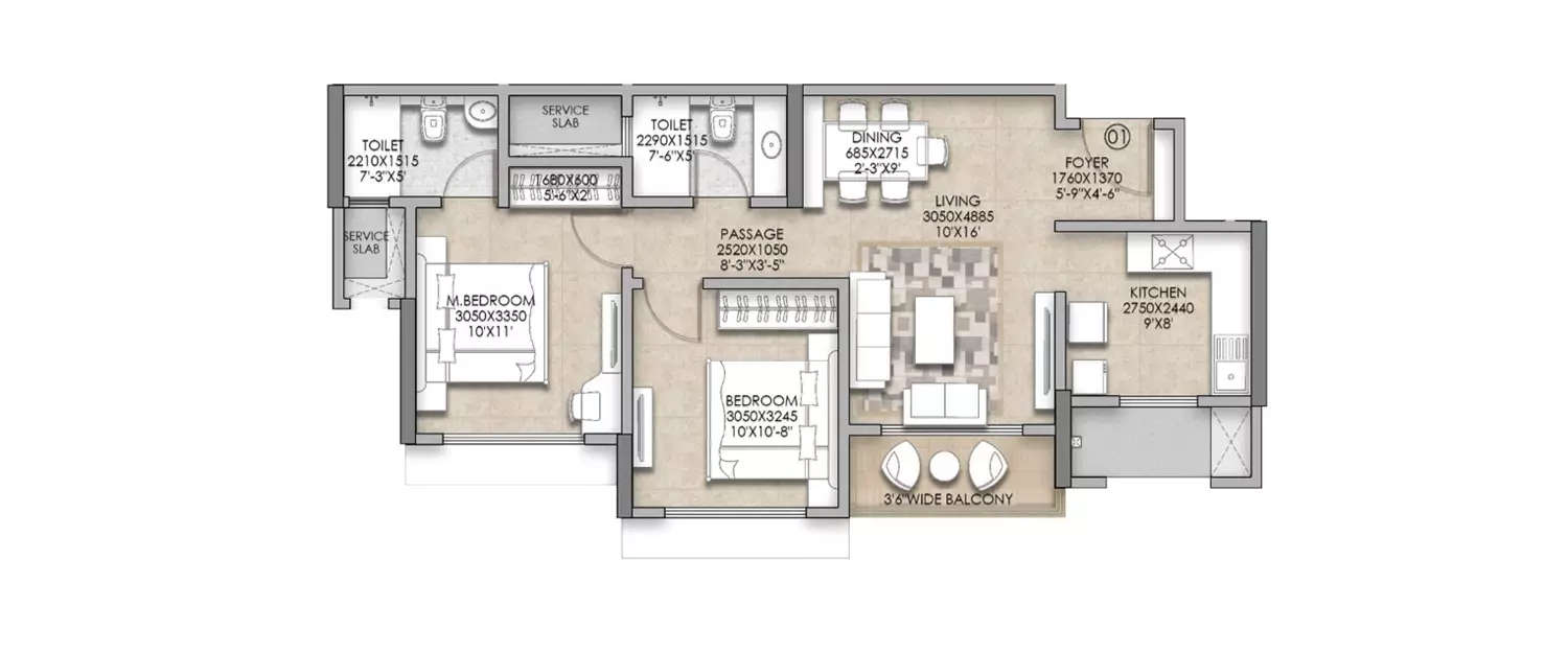 Floor plan for 2 BHK