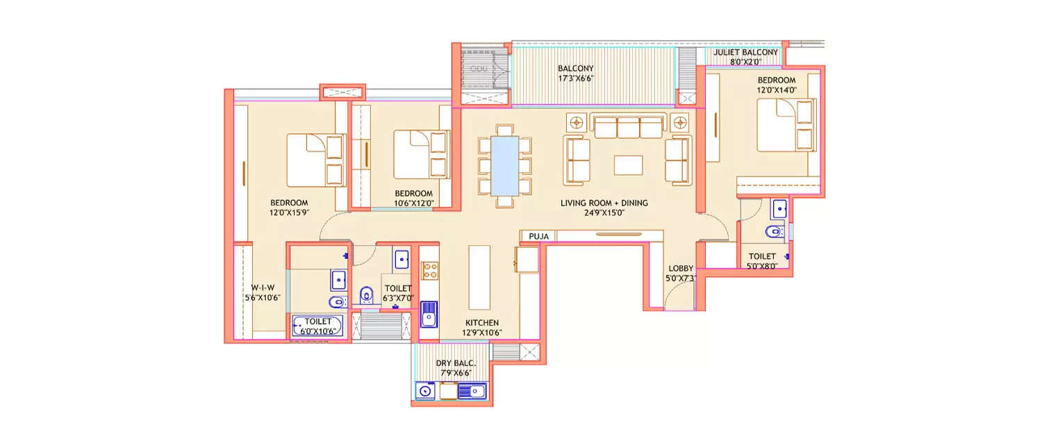 Floor plan for 3 BHK