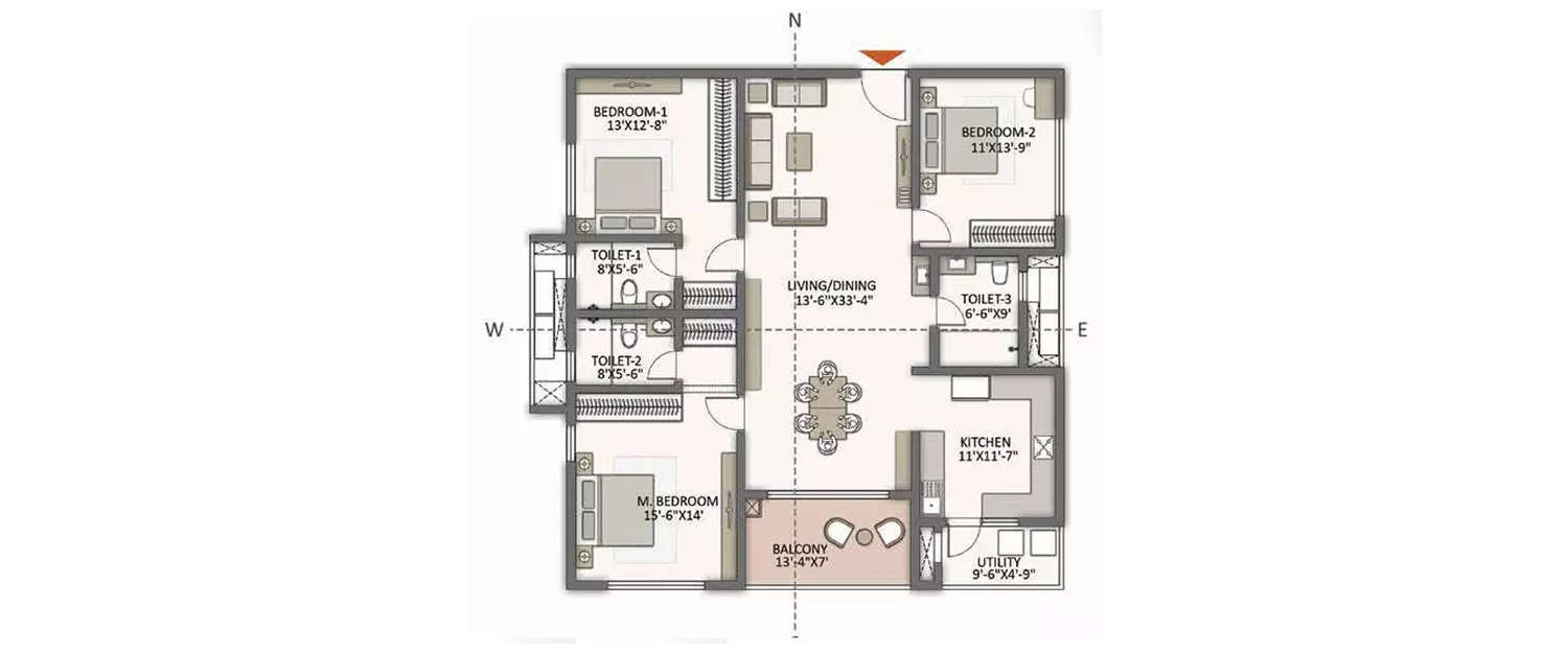 Floor plan for 3 BHK