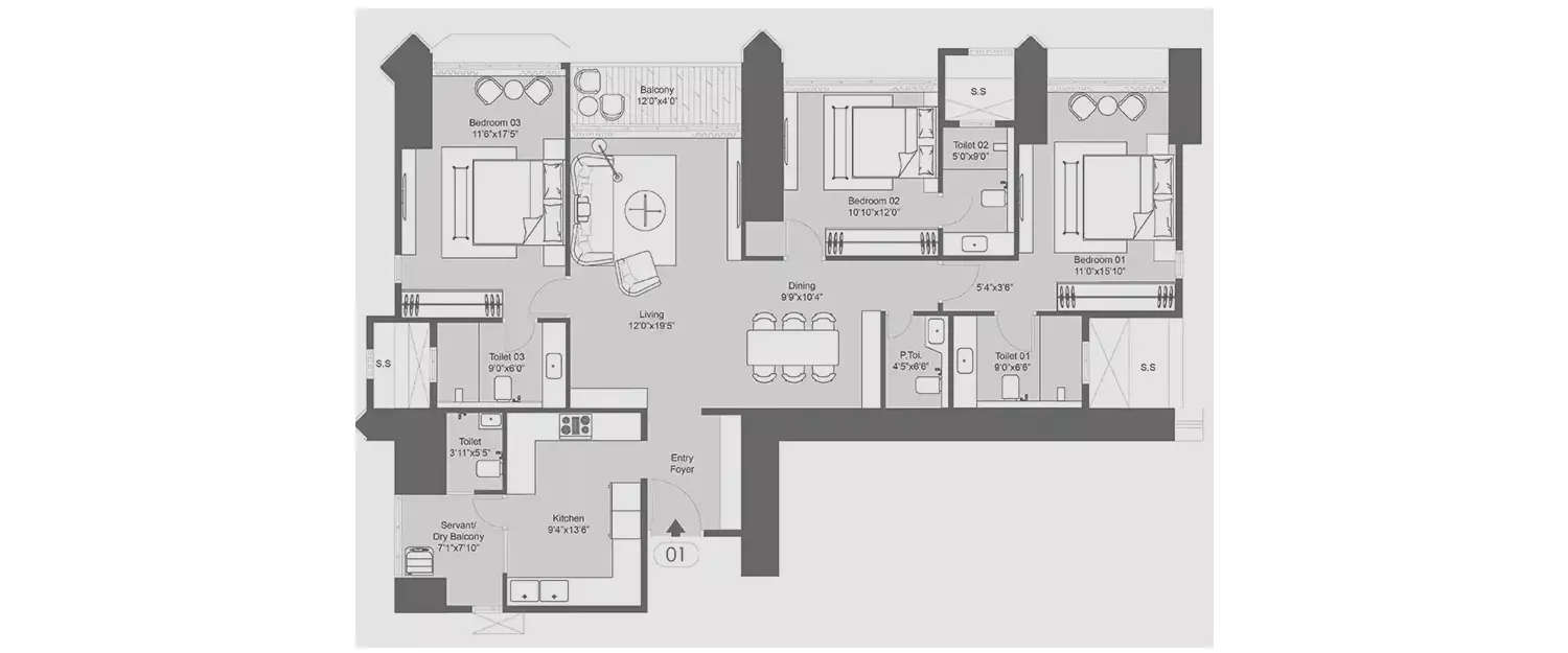 Floor plan for 3 BHK