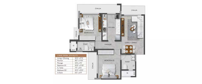 Paradigm Artteza Santacruz - Floor plan 2 BHK 675 Sq.ft