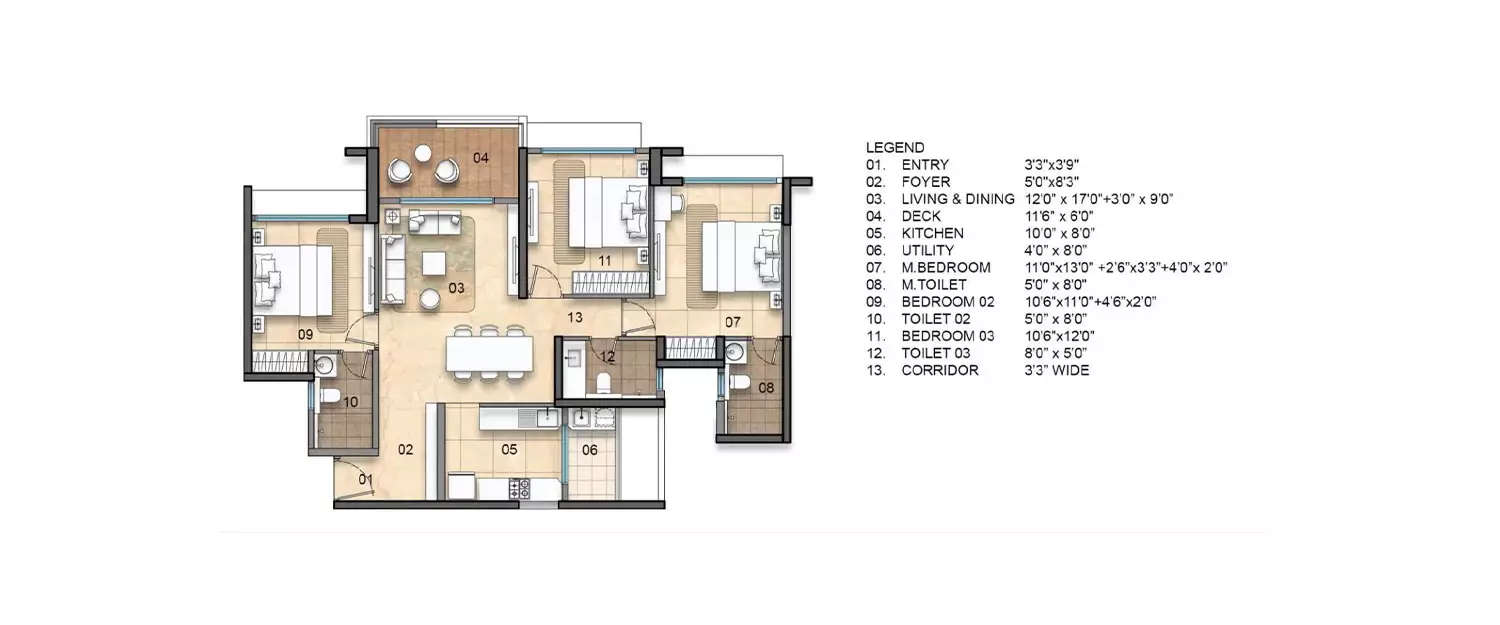 Floor plan for 3 BHK