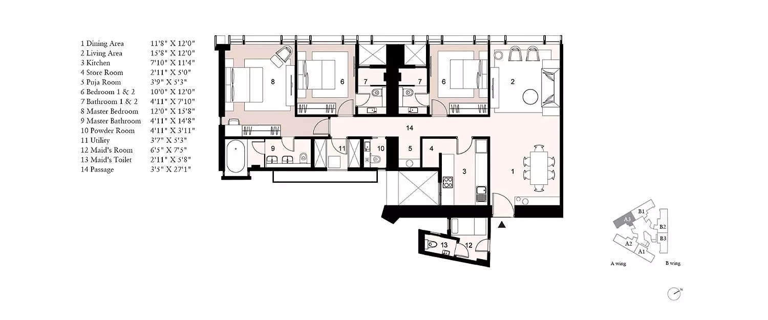 Floor plan for 3 BHK