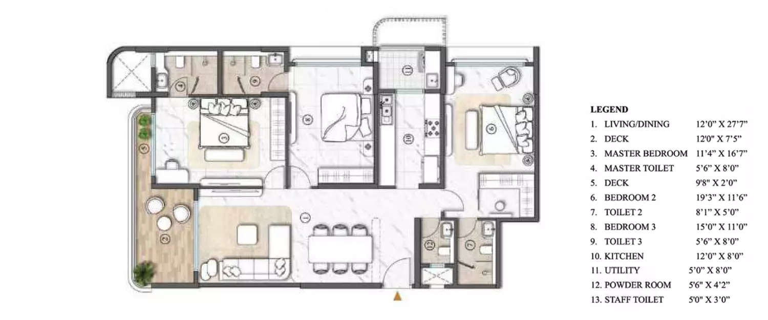 Floor plan for 3 BHK