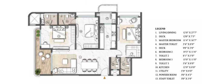 Lodha Acenza Andheri - Floor plan 3 BHK 1395 Sq.ft