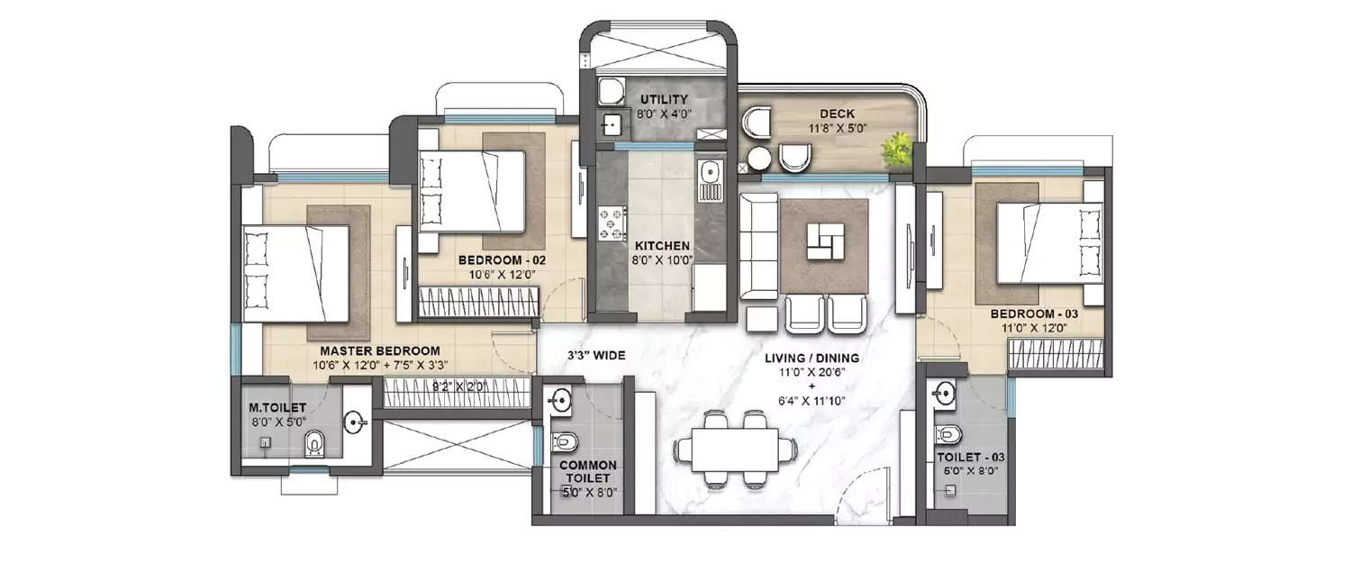 Floor plan for 3 BHK