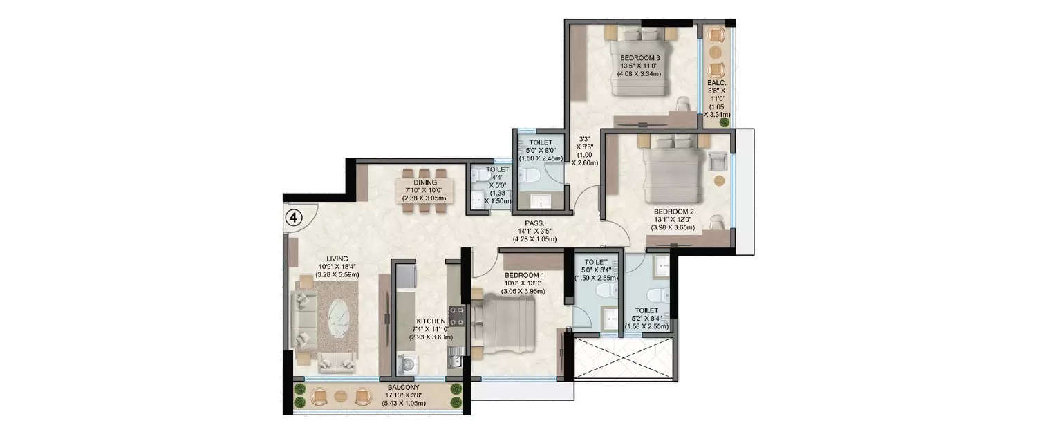 Floor plan for 3 BHK