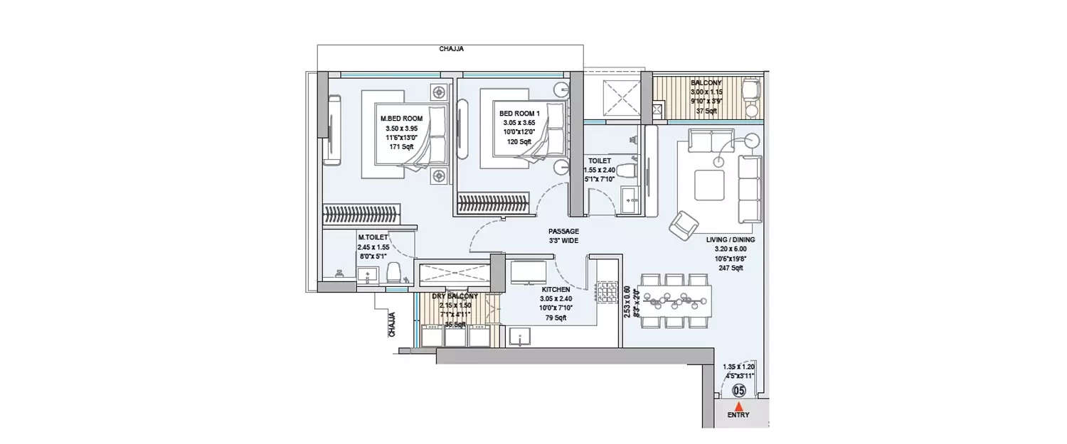 Floor plan for 2 BHK