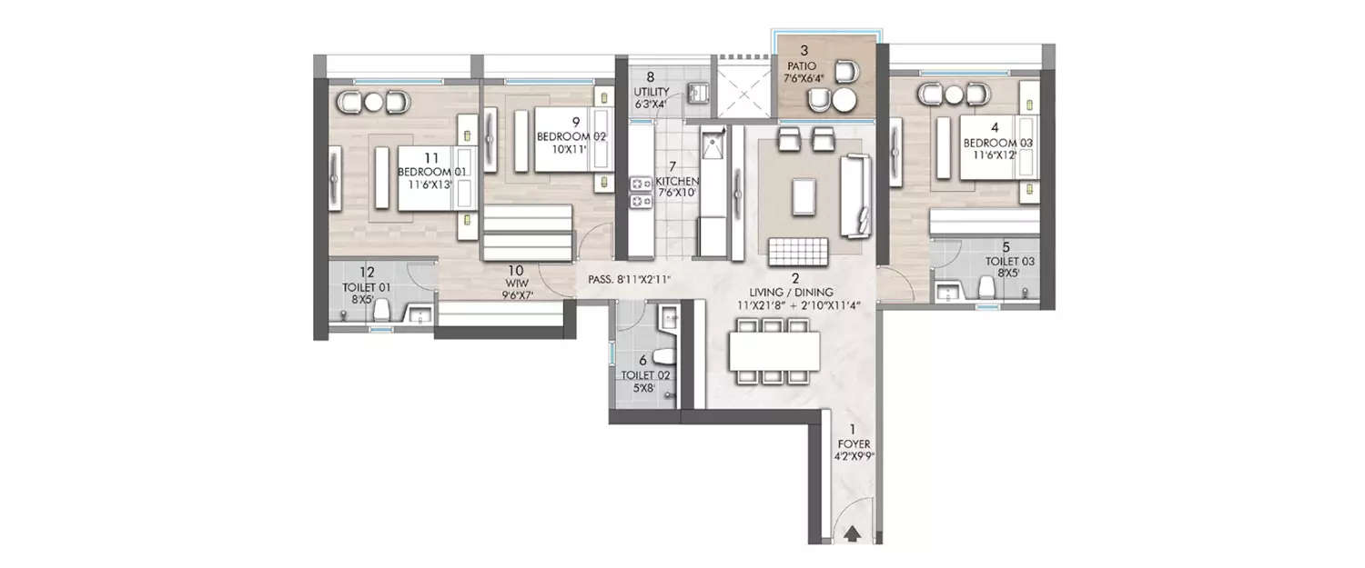 Floor plan for 3 BHK