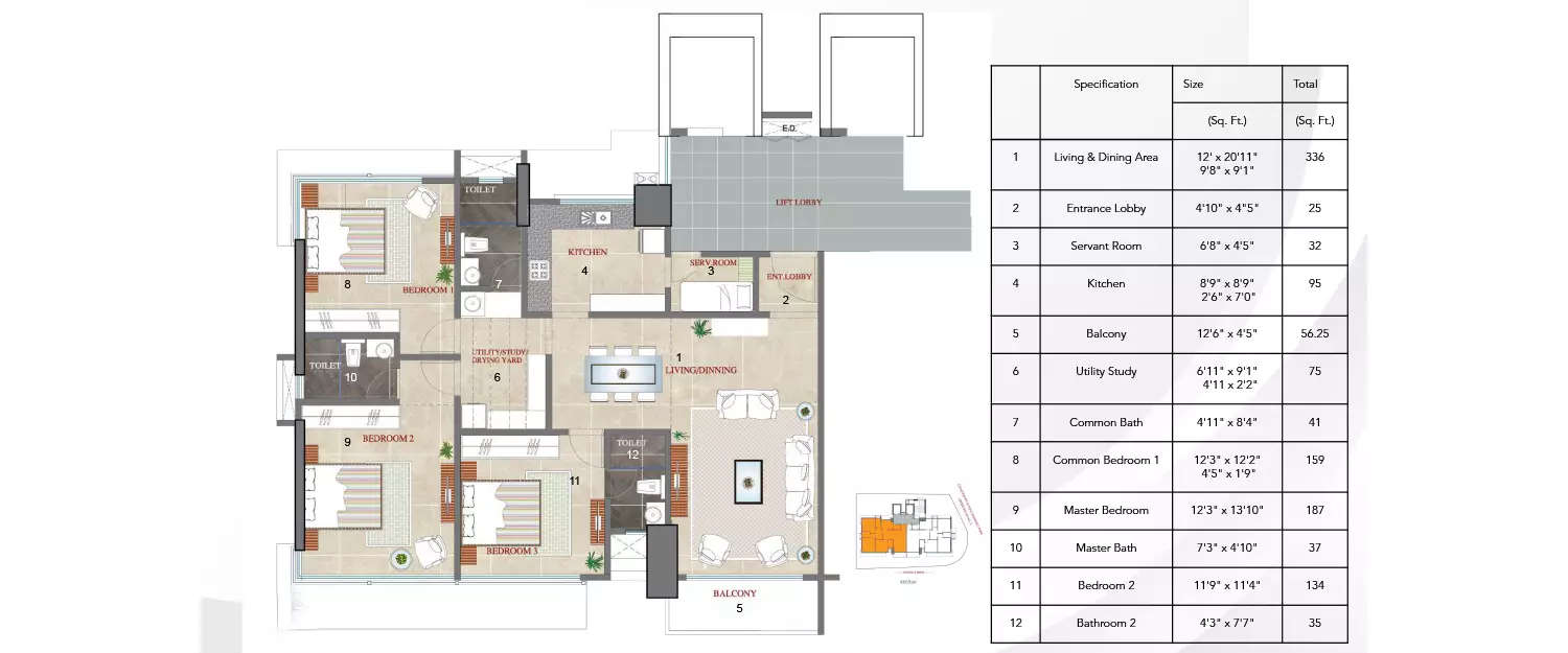 Floor plan for 3 BHK