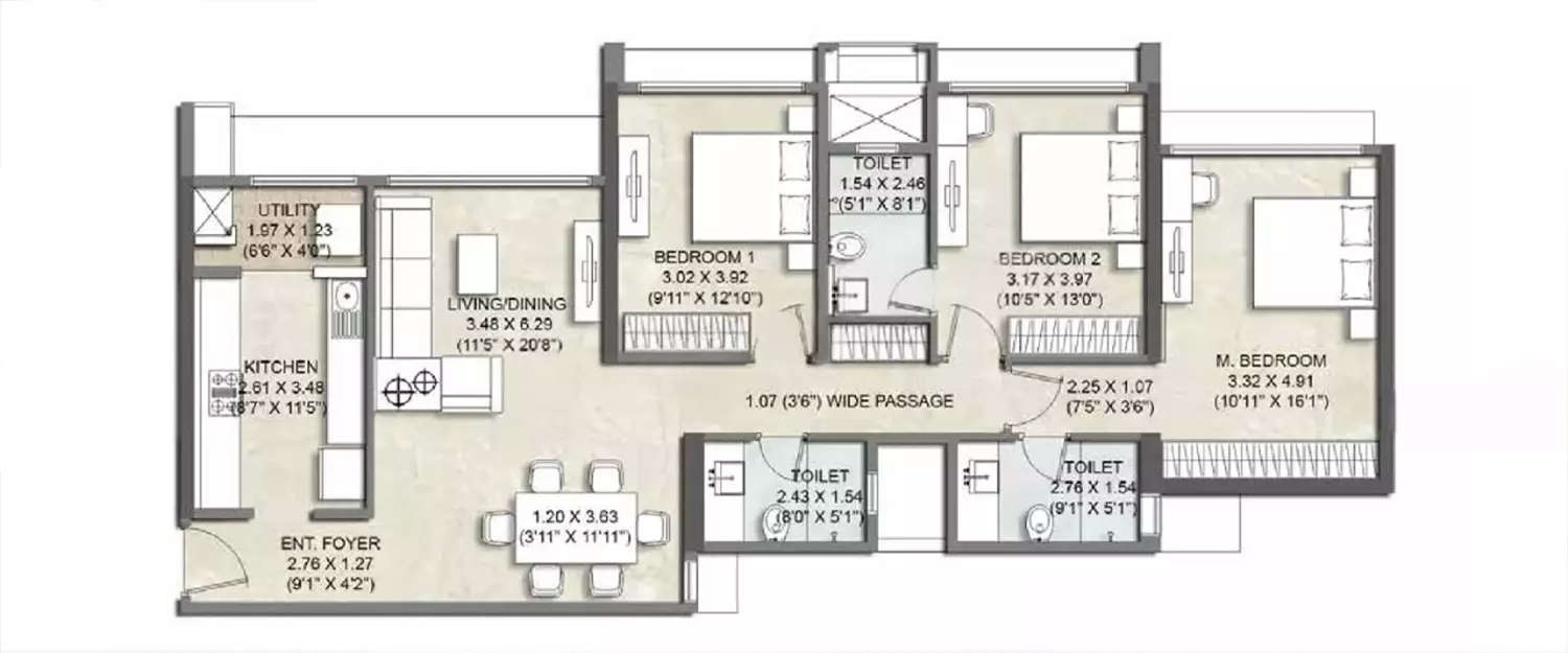 Floor plan for 3 BHK