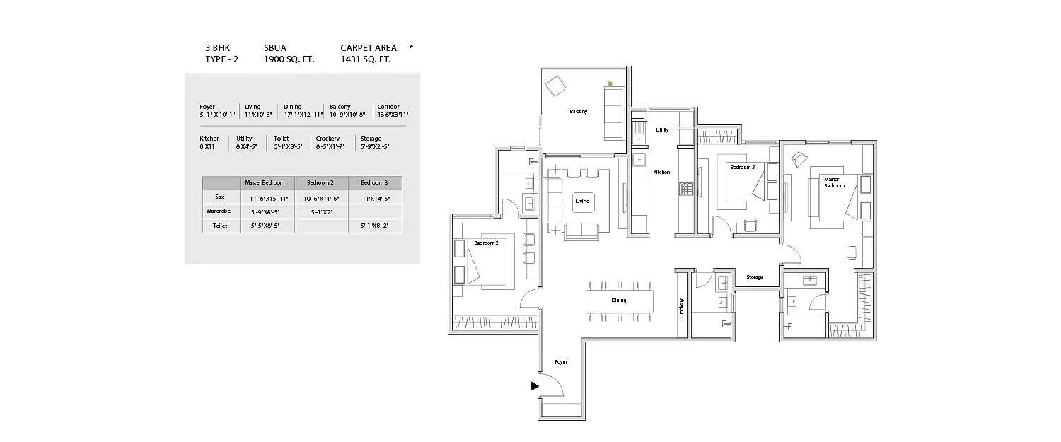 Floor plan for 3 BHK