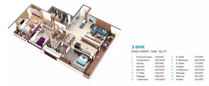 Gurukrupa Alaknanda Juhu - Floor plan 3 BHK 1458 Sq.ft