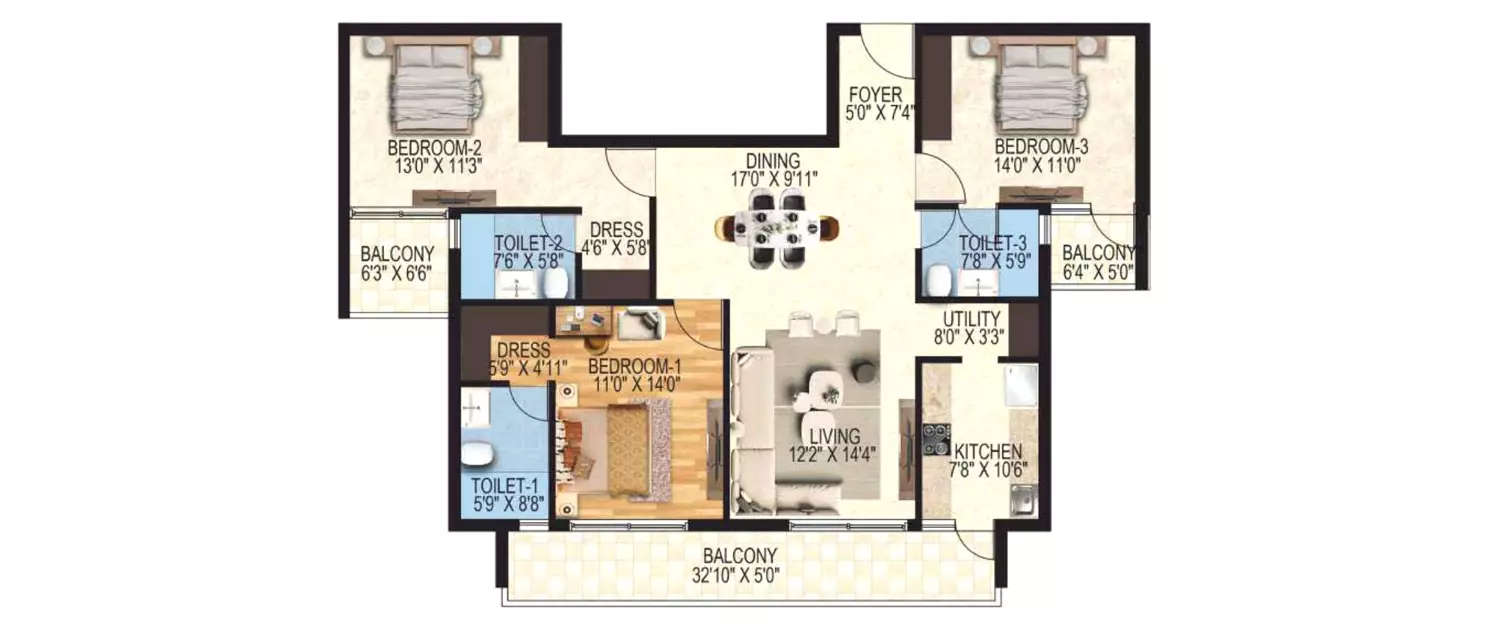 Floor plan for 3 BHK