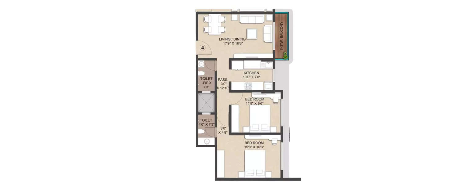Floor plan for 2 BHK