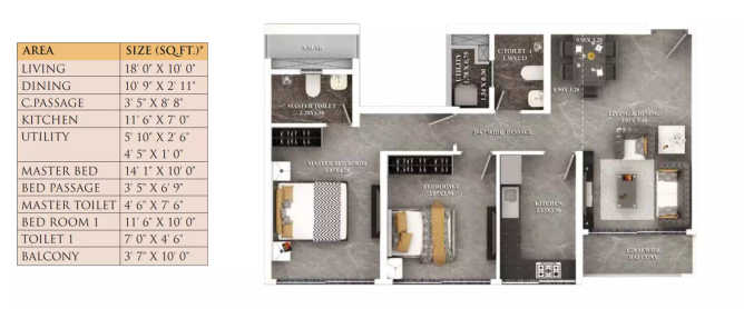 Dosti Eastern Bay Wadala - Floor plan 2 BHK 768 Sq.ft