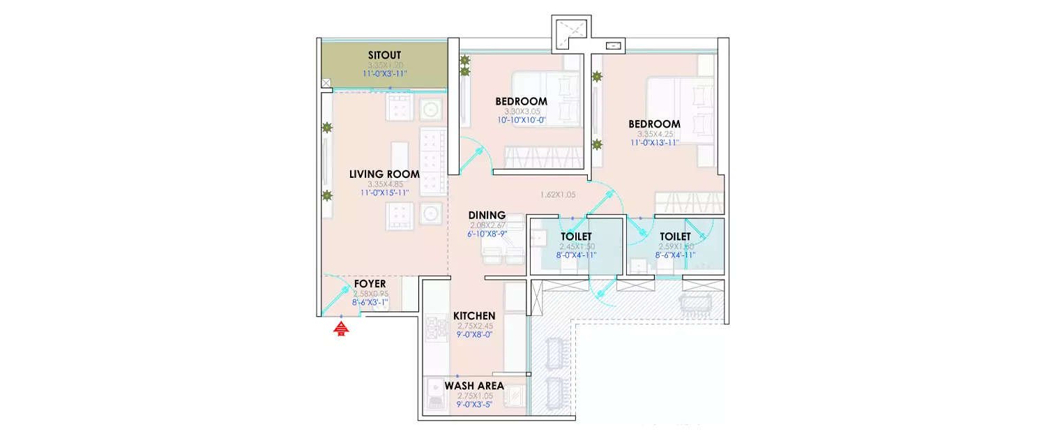 Floor plan for 2 BHK