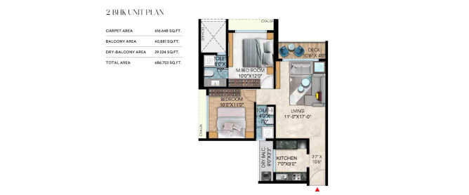 Kamdhenu Grandeur Sanpada - Floor plan 2 BHK 686 Sq.ft