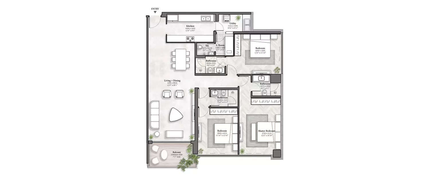 Floor plan for 3 BHK