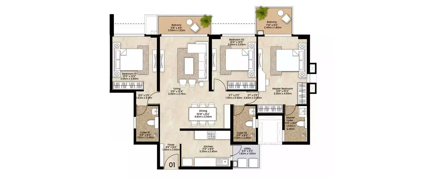 Floor plan for 3 BHK