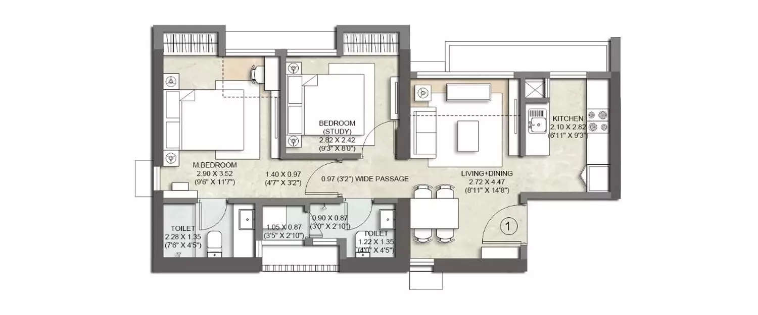 Floor plan for 1.5 BHK