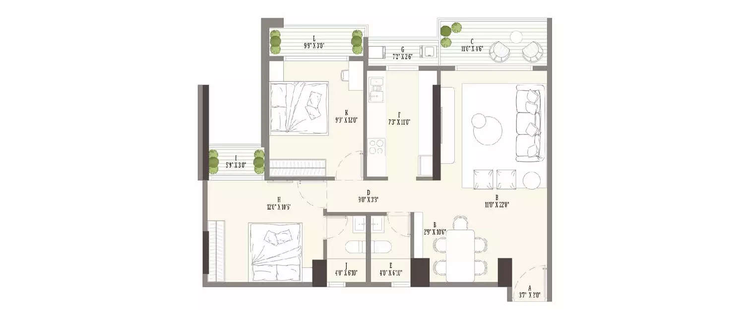 Floor plan for 2 BHK