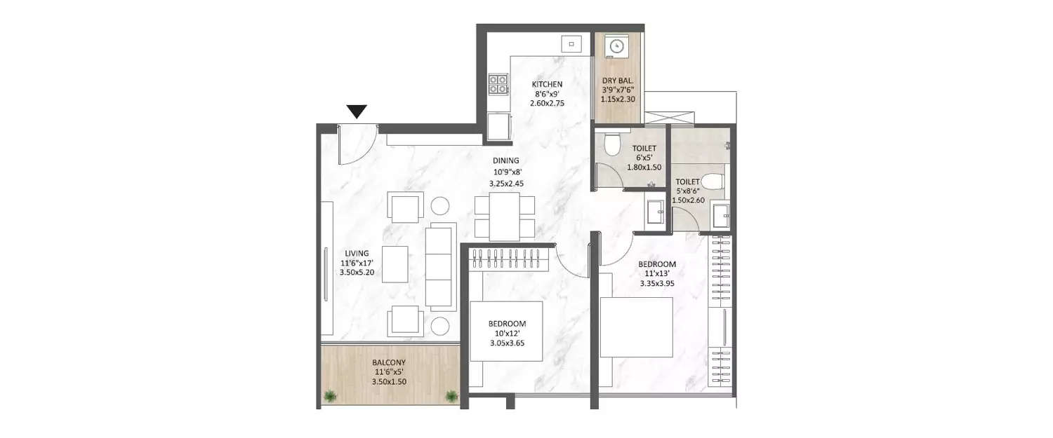 Floor plan for 2 BHK