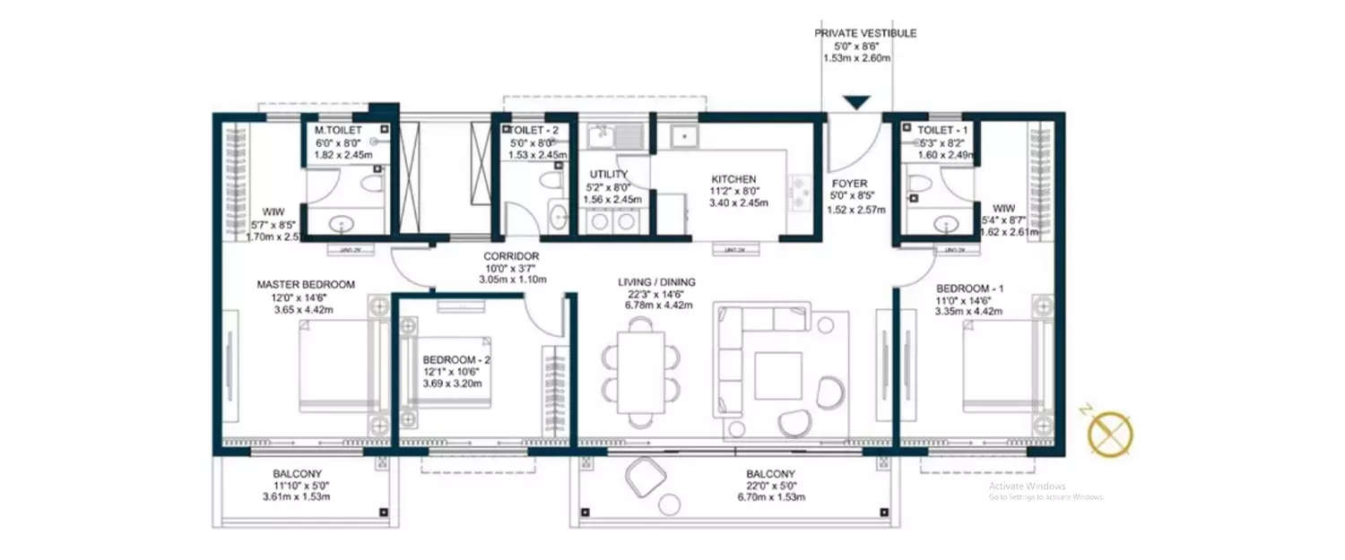 Floor plan for 3 BHK