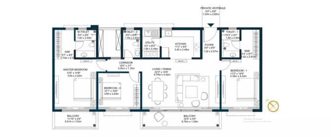 Godrej Tiara Yeshwanthpur - Floor plan 3 BHK 2106 Sq.ft