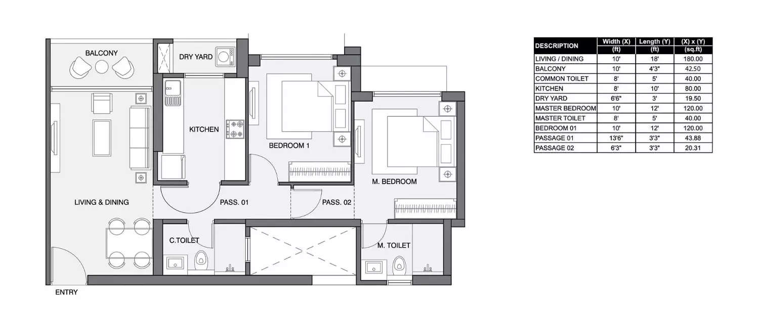 Floor plan for 2 BHK
