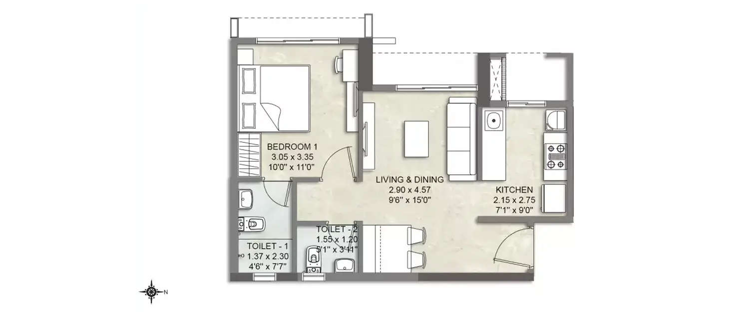 Floor plan for 1 BHK