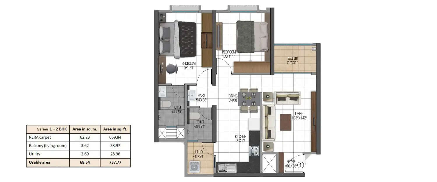 Floor plan for 2 BHK