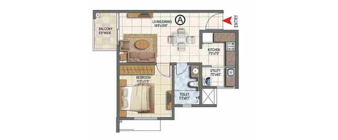 Prestige Lake Ridge Uttarahalli - Floor plan 1 BHK 457 Sq.ft