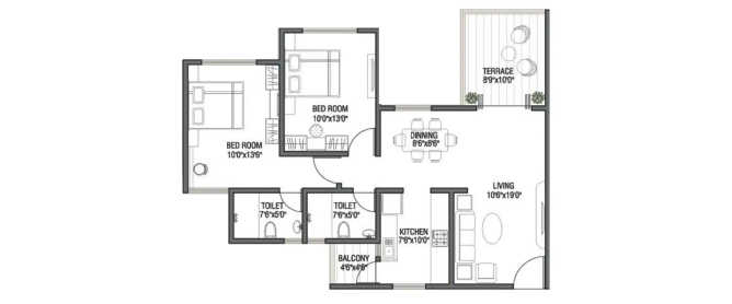 Kolte Patil Cilantro Wagholi - Floor plan 2 BHK 1090 Sq.ft