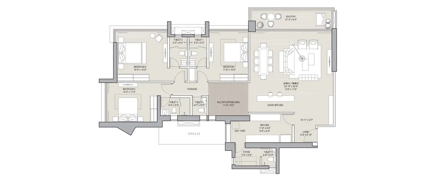 Floor plan for 3 BHK