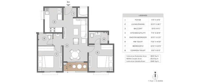 Purva Windermere Pallikaranai - Floor plan 2 BHK 902 Sq.ft
