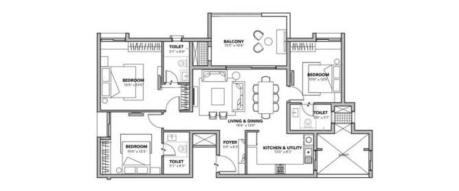 63 Degree East Varthur - Floor plan 3 BHK 1403 Sq.ft