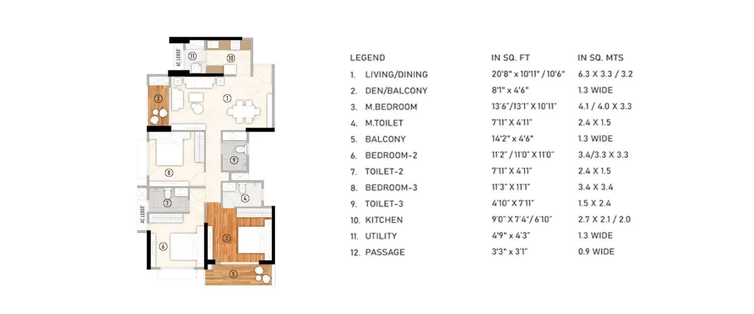 Floor plan for 3 BHK